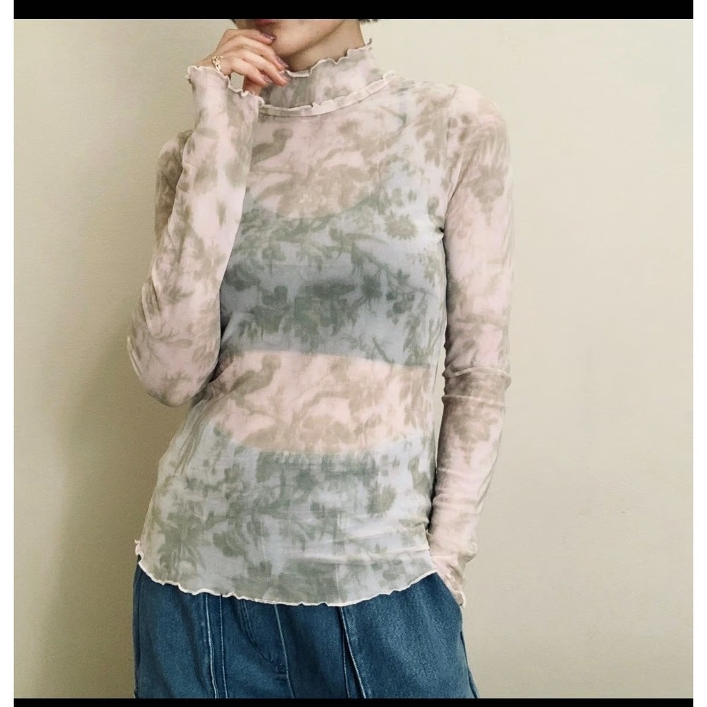 Pilcro XS Long Sleeve Top Toile‎ Print sheer Mesh Lettuce Edge Pink Green Blouse